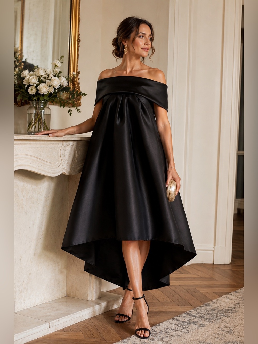 Amsale Black Off Shoulder Bow Back High Low Cocktail Evening Dress
